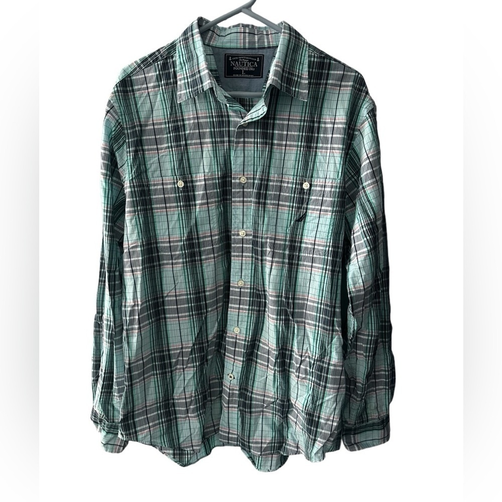 Nautica 100% Cotton Teal Blue Plaid Men’s Large Button Down Shirt Long Sleeve